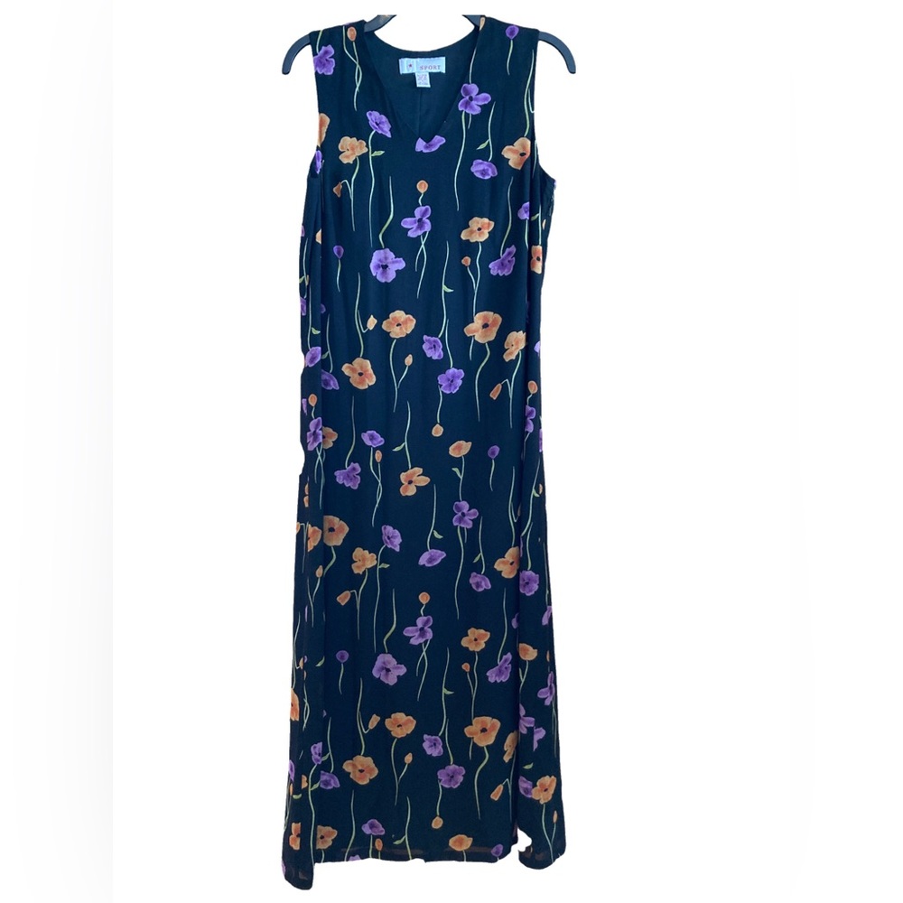 Vintage LT Sport Small Black Maxi Dress Floral Sleeveless Orange Purple Green - Picture 2 of 8